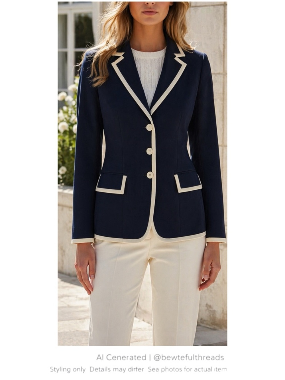 Navy Cream Trim Blazer Preppy Nautical Workwear L Petite 16P